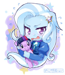 Size: 526x600 | Tagged: safe, artist:mococo, derpibooru import, trixie, twilight sparkle, pony, equestria girls, female, lesbian, plushie, shipping, solo, twilight sparkle plushie, twixie, wavy mouth