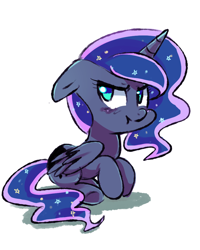 Size: 800x1000 | Tagged: safe, artist:sion-ara, princess luna, alicorn, pony, blushing, ethereal mane, floppy ears, missing accessory, scrunchy face, solo