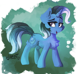 Size: 900x867 | Tagged: safe, artist:saxopi, derpibooru import, trixie, pony, unicorn, chest fluff, cute, ear fluff, female, fluffy, leg fluff, lidded eyes, looking back, mare, open mouth, raised eyebrow, smiling, smirk, solo