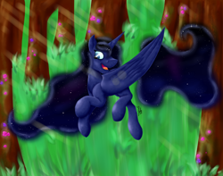 Size: 1900x1500 | Tagged: safe, artist:missadric2, princess luna, alicorn, pony, crepuscular rays, forest, solo