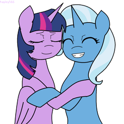 Size: 1280x1280 | Tagged: safe, artist:hayley566, derpibooru import, trixie, twilight sparkle, twilight sparkle (alicorn), alicorn, female, hug, lesbian, shipping, simple background, transparent background, twixie