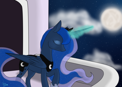 Size: 2670x1900 | Tagged: safe, artist:bluebrush09, princess luna, alicorn, pony, glowing horn, moon, solo