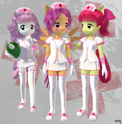 Size: 785x798 | Tagged: safe, artist:anonjg, apple bloom, scootaloo, sweetie belle, anthro, clothes, cutie mark crusaders, human facial structure, nurse, socks, spread wings, stockings, thigh highs, zettai ryouiki