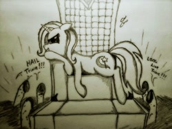 Size: 1024x768 | Tagged: safe, artist:corvostawr, derpibooru import, trixie, pony, unicorn, chanting, crowd, female, idolatry, mare, monochrome, solo, throne, throne room, traditional art, worship