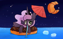 Size: 1600x1000 | Tagged: safe, artist:joycall6, princess luna, alicorn, pony, croissant, donut, food, solo, umbrella, water