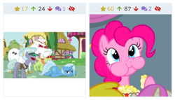 Size: 712x406 | Tagged: safe, derpibooru import, edit, edited screencap, screencap, pinkie pie, trixie, earth pony, pony, all bottled up, derpibooru, equestria games, food, juxtaposition, meta, popcorn