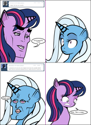 Size: 884x1206 | Tagged: safe, artist:dekomaru, derpibooru import, trixie, twilight sparkle, pony, unicorn, ask, comic, faic, female, handsome face, handsome squidward, lesbian, shipping, spongebob squarepants, squidward tentacles, superman, superman/batman apocalypse, tumblr, tumblr:ask twixie, twixie