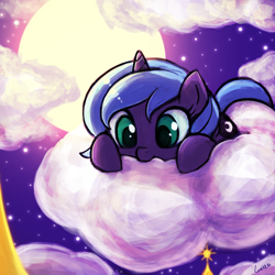 Size: 750x750 | Tagged: safe, artist:lumineko, princess luna, alicorn, pony, cloud, cloudy, cute, female, filly, looking down, lunabetes, moon, night, nom, prone, smiling, solo, weapons-grade cute, woona, younger