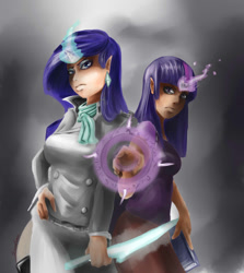 Size: 1068x1200 | Tagged: safe, artist:sundown, derpibooru import, rarity, twilight sparkle, glare, horned humanization, humanized, knife, looking at you, magic, magic circle, pointing, runes