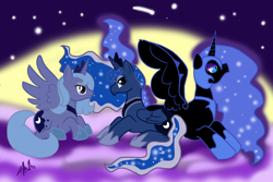 Size: 1800x1200 | Tagged: safe, artist:nazorthegreater, nightmare moon, princess luna, alicorn, pony, cloud, cloudy, lunar trinity, moon, s1 luna