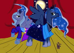 Size: 900x646 | Tagged: safe, artist:nazorthegreater, princess luna, alicorn, pony, clothes, dress, duality, gala dress, s1 luna, self ponidox, spread wings, the fun has been doubled