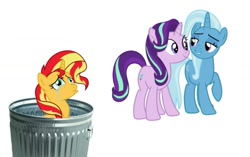 Size: 1071x673 | Tagged: safe, derpibooru import, starlight glimmer, sunset shimmer, trixie, pony, unicorn, abuse, downvote bait, female, mare, op is a cuck, op is trying to start shit, shimmerbuse, simple background, sunset shimmer's trash can, trash can, white background