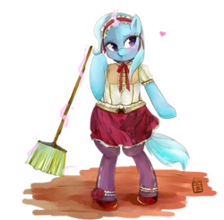 Size: 999x984 | Tagged: safe, artist:girlieginger, derpibooru import, trixie, pony, bipedal, broom, clothes, heart, maid, solo