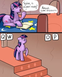 Size: 960x1200 | Tagged: safe, artist:slavedemorto, derpibooru import, twilight sparkle, comic, qwop, stairs, this will end in pain, twilight vs walking