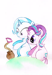 Size: 2394x3437 | Tagged: safe, artist:mashiromiku, derpibooru import, starlight glimmer, trixie, pony, snake, unicorn, cup, teacup, that pony sure does love teacups, traditional art, watercolor painting