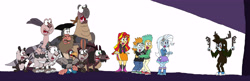 Size: 5585x1809 | Tagged: safe, artist:hunterxcolleen, derpibooru import, rainbow dash, snails, snips, sunset shimmer, trixie, ape, badger, human, kangaroo, pig, rabbit, seal, equestria girls, blouse, blue footed boobie, captain gutt, carrot, chamitataxus, clothes, crossover, disguise, dobson, elephant seal, feminism, flynn, gigantopithecus, gupta, humanized, ice age, jacket, karma, kubanochoerus, leather jacket, leaves, monster, mud, palaeolagus, party, prank, procoptodon, raz, scared, shira, shirt, silas, smilodon, squint, stick, the adventures of brer rabbit, trick