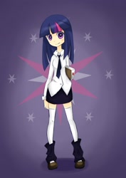 Size: 2480x3507 | Tagged: safe, artist:claudiaqh, twilight sparkle, human, blushing, book, clothes, cutie mark background, dress shirt, female, humanized, looking at you, necktie, pixiv, skinny, skirt, smiling, socks, solo, thigh highs