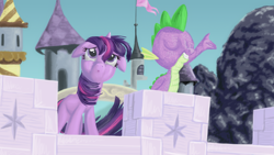 Size: 3200x1800 | Tagged: safe, artist:sirustalcelion, derpibooru import, spike, twilight sparkle, dragon, the crystal empire, spoiler:s03, crystal empire, flowing mane, scene interpretation, windswept mane