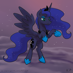 Size: 1500x1500 | Tagged: safe, artist:kp-shadowsquirrel, princess luna, alicorn, pony, bedroom eyes, cloud, cloudy, female, frown, mare, rearing, sky, solo, spread wings