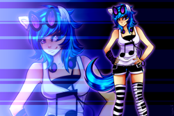 Size: 3000x2000 | Tagged: safe, artist:twigileia, dj pon-3, vinyl scratch, clothes, eared humanization, humanized, solo, tailed humanization, thigh highs