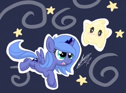 Size: 1280x949 | Tagged: safe, artist:velocityraptor, princess luna, alicorn, pony, blushing, crossover, cute, filly, flying, luma, open mouth, simple background, smiling, starry eyes, stars, super mario bros., super mario galaxy, wingding eyes, woona