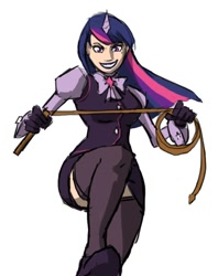 Size: 554x700 | Tagged: safe, artist:moronsonofboron, twilight sparkle, ace attorney, clothes, franziska von karma, horned humanization, humanized, miyuki sawashiro, solo, thigh highs, whip