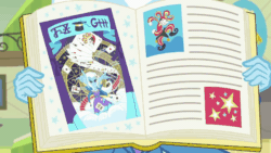 Size: 806x453 | Tagged: safe, derpibooru import, screencap, trixie, better together, equestria girls, forgotten friendship, animated, book, jester, looking at you, solo, yearbook