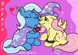 Size: 3189x2255 | Tagged: safe, artist:puffydearlysmith, derpibooru import, fluttershy, trixie, pegasus, pony, blushing, feather, female, heart, kissing, lesbian, shipping, trixieshy