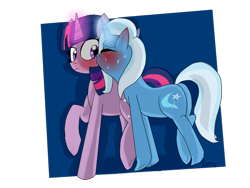 Size: 960x720 | Tagged: safe, artist:misspolycysticovary, derpibooru import, trixie, twilight sparkle, blushing, female, kissing, lesbian, shipping, sweat, twixie