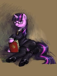 Size: 1109x1476 | Tagged: safe, artist:audrarius, twilight sparkle, unicorn twilight, pony, unicorn, book, businessmare, clothes, female, glasses, high heels, mare, shoes, skirt, socks, solo, stockings, suit, thigh highs, tube skirt, zettai ryouiki