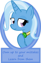 Size: 1255x1920 | Tagged: safe, artist:the smiling pony, derpibooru import, trixie, pony, unicorn, female, honesty, humility, looking at you, mare, mouthpiece, personal growth, portrait, positive message, positive ponies, simple background, smiling, solo, transparent background, zecora's doorstop