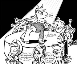 Size: 1000x829 | Tagged: safe, artist:tobibrocki, derpibooru import, applejack, big macintosh, fluttershy, pinkie pie, rainbow dash, rarity, twilight sparkle, earth pony, pegasus, pony, unicorn, big macintosh gets all the mares, blushing, hilarious in hindsight, male, mane six, singing, stallion