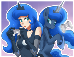 Size: 990x765 | Tagged: safe, artist:sallymon, princess luna, alicorn, human, pony, clothes, controller, dress, evening gloves, female, gamer luna, human ponidox, humanized, magic, mare, open mouth, smiling, telekinesis