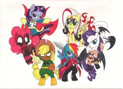 Size: 900x654 | Tagged: safe, artist:xarazel, derpibooru import, applejack, fluttershy, pinkie pie, rainbow dash, rarity, twilight sparkle, earth pony, pegasus, pony, unicorn, amaterasu, crossover, dante (devil may cry), darkstalkers, deadpool, devil may cry, devil may cry 3, doctor strange, iron fist, mane six, morrigan aensland, okami, ultimate marvel vs capcom 3