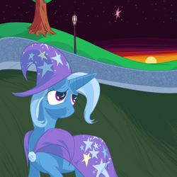 Size: 2880x2880 | Tagged: safe, artist:registered111, derpibooru import, trixie, twilight sparkle, pony, unicorn, female, lamppost, lesbian, mare, shipping, sidewalk, solo, stars, sun, sunset, tree, twixie, wall