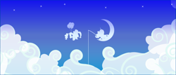 Size: 1024x439 | Tagged: safe, artist:walkcow, pinkie pie, princess luna, alicorn, earth pony, pony, balloon, cloud, cloudy, crescent moon, dreamworks, floating, moon, night, tangible heavenly object, then watch her balloons lift her up to the sky, vector