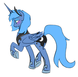 Size: 700x690 | Tagged: safe, artist:egophiliac, artist:rinku, color edit, edit, princess luna, alicorn, pony, blushing, colored, crown, female, hoof shoes, jewelry, looking away, mare, peytral, plot, raised hoof, regalia, s1 luna, simple background, smiling, solo, transparent background