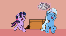 Size: 900x492 | Tagged: safe, artist:thatasianmike, derpibooru import, smarty pants, trixie, twilight sparkle, bullying, chase, eyes closed, filly, floppy ears, frown, magic, open mouth, running, smiling, telekinesis, underhoof