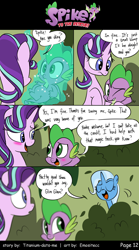 Size: 800x1440 | Tagged: safe, artist:emositecc, derpibooru import, spike, starlight glimmer, trixie, dragon, pony, unicorn, comic:spike to the rescue, molt down, blushing, bush, comic, dialogue, female, hundreds of users filter this tag, levitation, magic, male, nickname, shipping, sparlight, speech bubble, straight, telekinesis, what a twist, winged spike