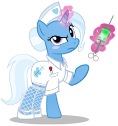 Size: 900x962 | Tagged: safe, artist:pixelkitties, derpibooru import, trixie, pony, unicorn, alternate hairstyle, blushing, clothes, female, fishnet stockings, frown, looking at you, magic, mare, needle, nurse, nurse outfit, pointing, raised eyebrow, simple background, solo, stockings, syringe, telekinesis, transparent background