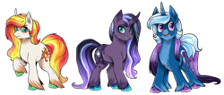 Size: 3900x1656 | Tagged: safe, artist:not-ordinary-pony, derpibooru import, starlight glimmer, sunset shimmer, trixie, pony, unicorn, female, mare, redesign, simple background, smiling, transparent background, trio, unshorn fetlocks