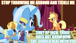 Size: 888x499 | Tagged: safe, derpibooru import, edit, edited screencap, idw, screencap, applejack, jack pot, sunflower spectacle, trixie, earth pony, pony, grannies gone wild, magic duel, spoiler:comic, spoiler:comic40, coincidence, jacktacle, similarities, trixie's family