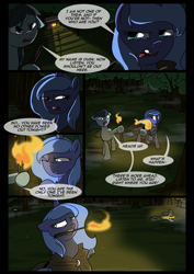 Size: 1240x1754 | Tagged: safe, artist:lunarcakez, princess luna, oc, oc:dusk, alicorn, pony, comic:the origins of hollow shades, comic, night, torch, younger