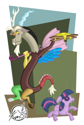 Size: 600x900 | Tagged: safe, artist:kymsnowman, derpibooru import, discord, twilight sparkle, marionette, puppet, umbrella