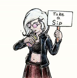 Size: 2148x2168 | Tagged: safe, artist:azkre, derpibooru import, trixie, human, drink, drinking, humanized, sign, solo, sunglasses, traditional art