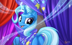 Size: 2560x1600 | Tagged: safe, artist:mysticalpha, derpibooru import, trixie, pony, unicorn, dock, female, looking at you, looking back, mare, plot, solo, wallpaper