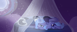 Size: 900x378 | Tagged: safe, artist:fallingrain22, princess luna, alicorn, pony, bed, despair, filly, foreshadowing, moon, sad, solo, stars, woona