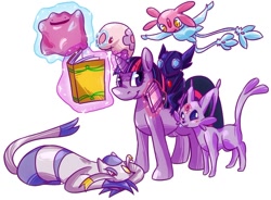 Size: 906x667 | Tagged: safe, artist:kittyichooseyou, derpibooru import, twilight sparkle, crossover, ditto, espeon, mesprit, mienshao, munna, pokémon, sableye