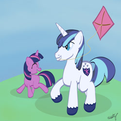 Size: 900x904 | Tagged: safe, artist:westy543, shining armor, twilight sparkle, pony, unicorn, filly, happy, kite, kite flying, mouth hold, smiling