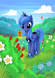 Size: 1162x1643 | Tagged: safe, artist:mysticalpha, princess luna, alicorn, butterfly, pony, cloud, cute, female, flower, grass, lunabetes, mare, s1 luna, sky, solo, tree